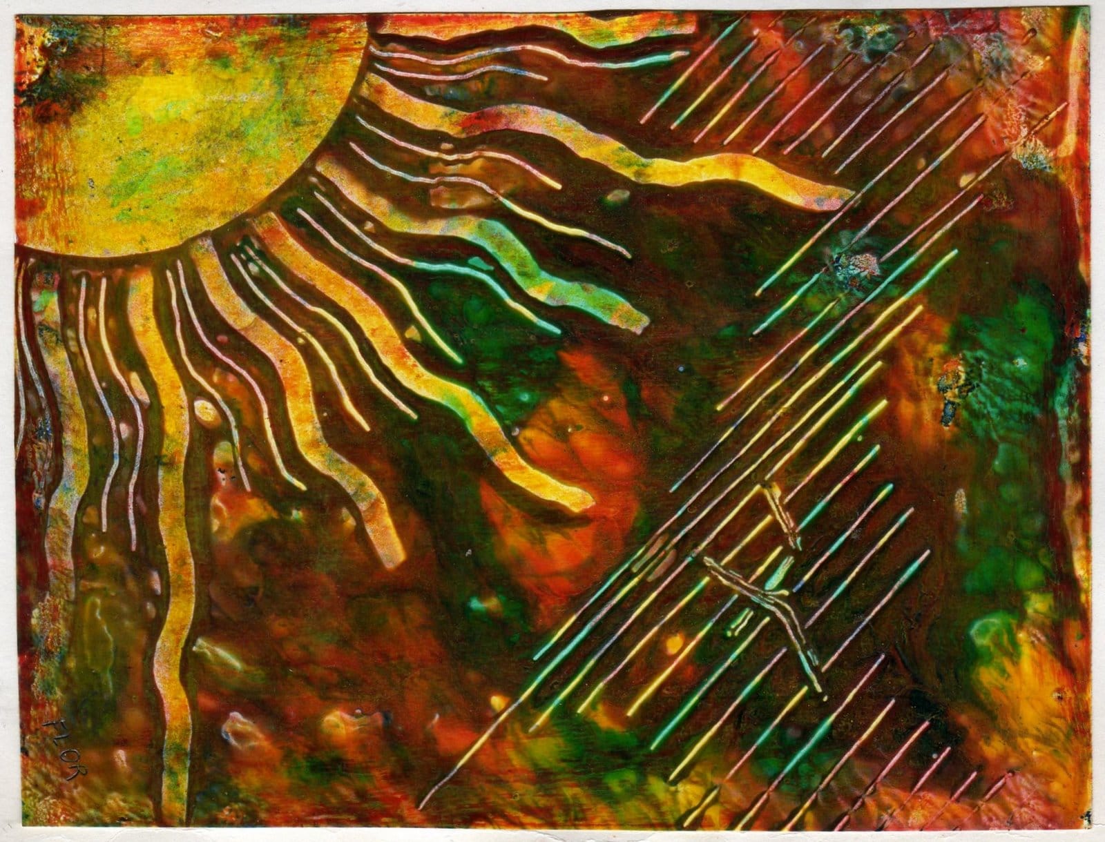 Pintura "O Sol dourado brilha, mas uma hora queima" de Flor, feita com lápis-cêra sobre papel cartão