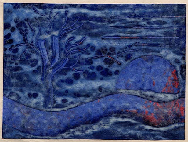 Pintura "O que seria do vermelho se não fosse o AZUL?" de Flor, feita com lápis-cera sobre papelão